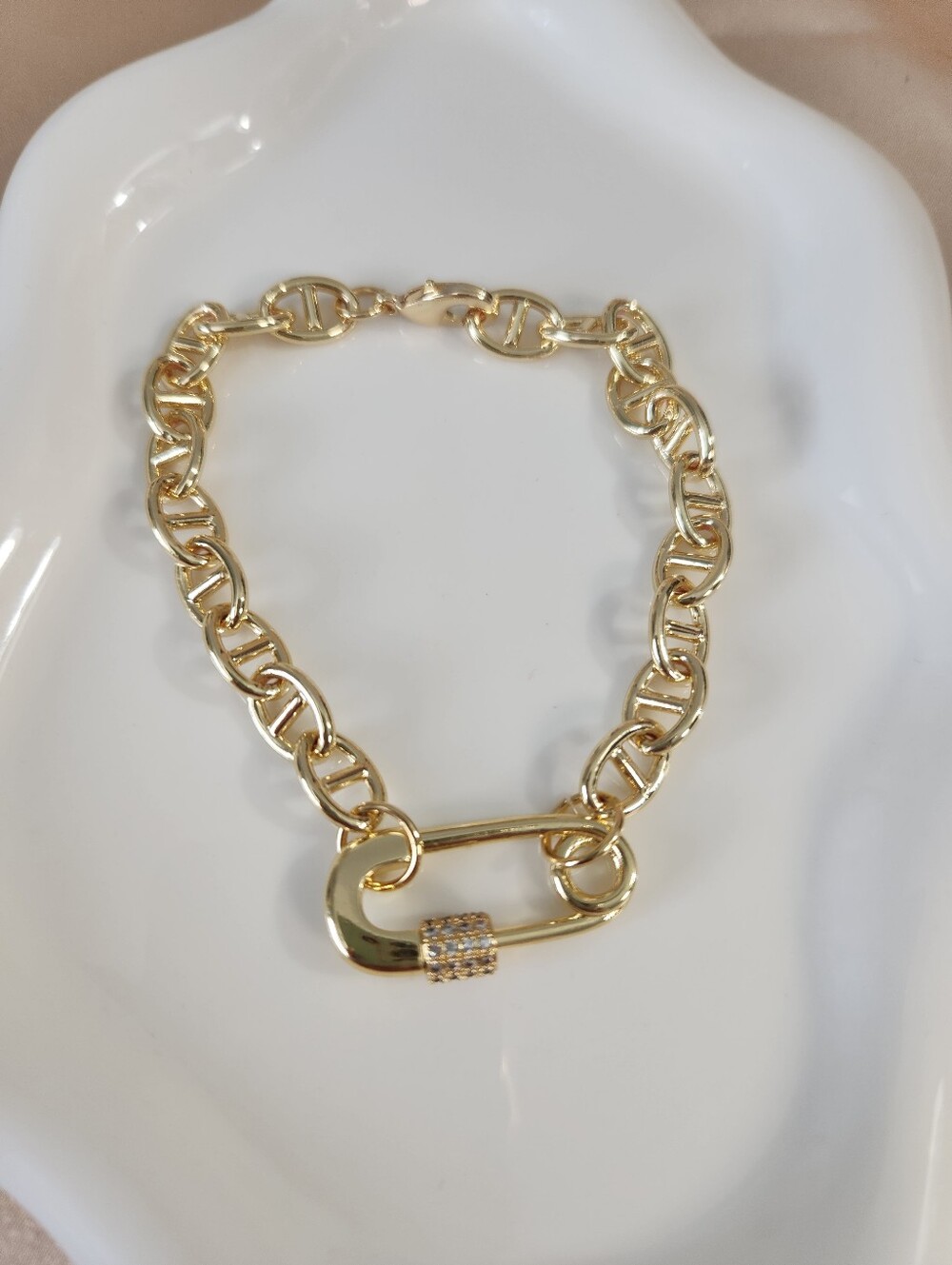 Gold Link Chain Bracelet with Pave Safety Clasp